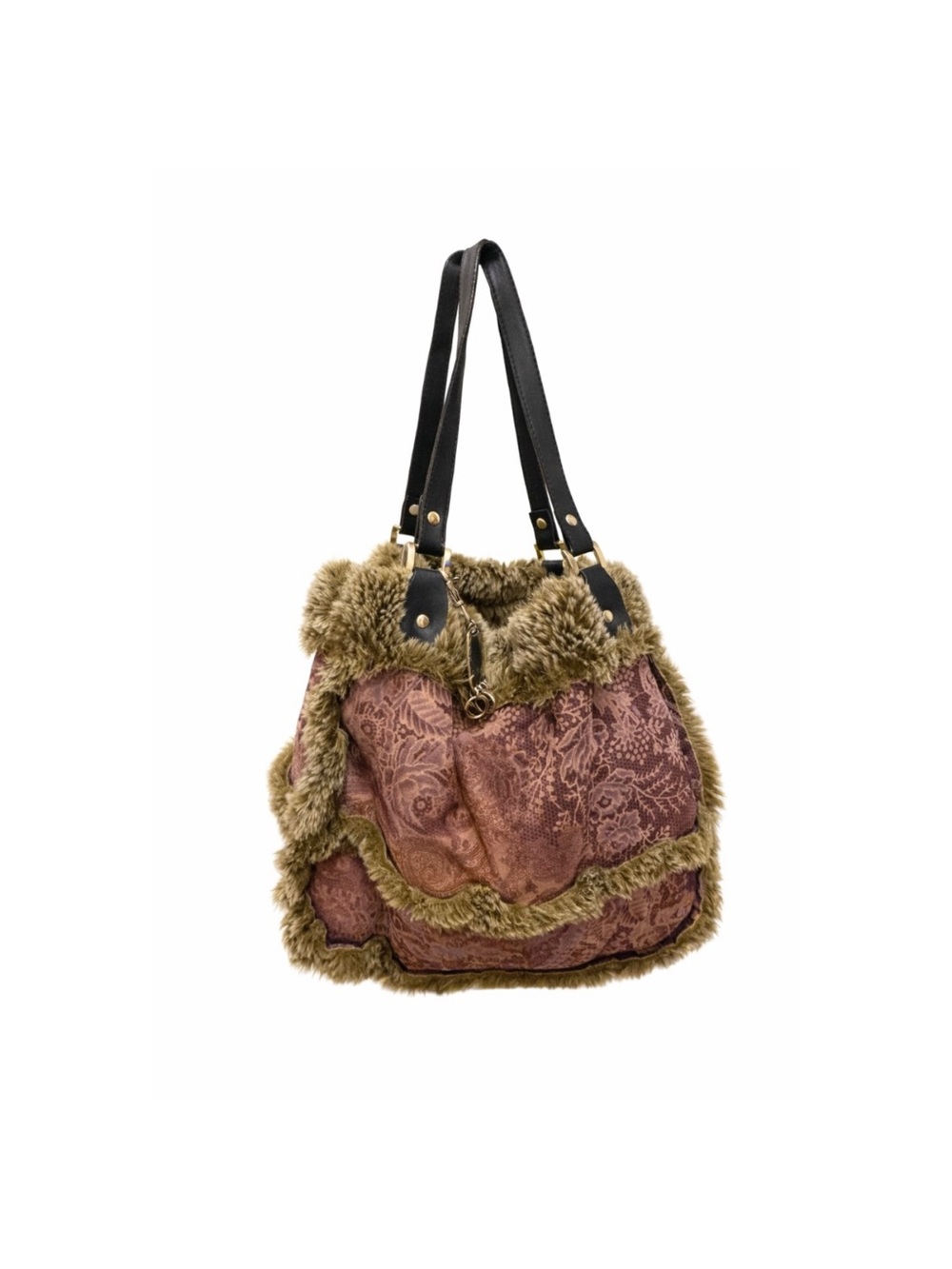 Vintage Brown Paisley Tote with Faux Fur Trim and Black Straps
